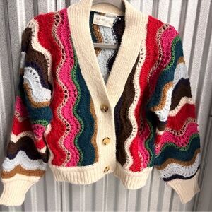 Eleven Six Multicolor Wave Knit Cardigan - Cream Trim